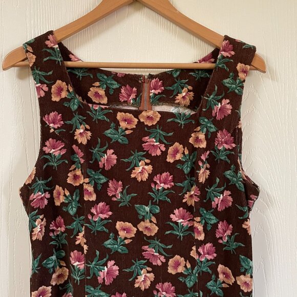 Vintage Cottagecore Brown Floral Corduroy Sleeveless Midi Dress | Large - Picture 6 of 11